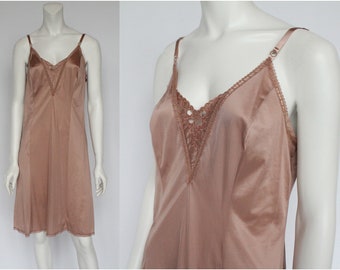 70's Sears Roebuck Full Paneled Slip  / Light Brown Nylon Slip /  Size 36 / Medium