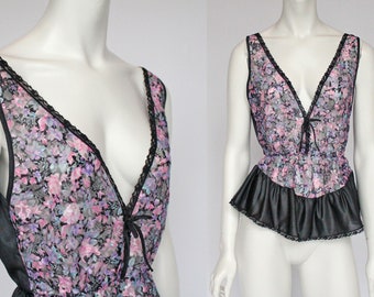 Vintage Black and Pink Floral Nylon Teddy Cami Top / Petra Fashions / Sexy Bodysuit / Medium / Vintage Lingerie