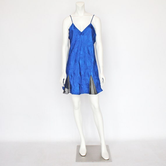 80's Cobalt Blue Satin Jacquard Nightgown with Sh… - image 4