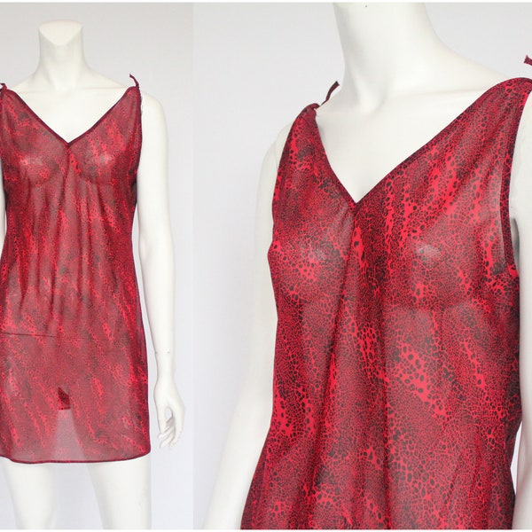 90's Victoria's Secret Semi Sheer Red and Black Chemise Nightgown / Reptile Print / Short Mini Nightie / Small
