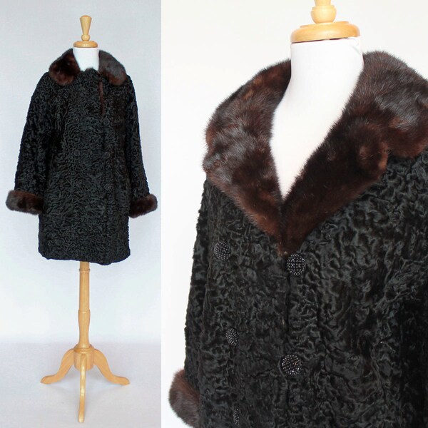 60's Persian Lamb Jacket / Dark Mink Collar & Cuffs / Double Breasted / Vintage Fur Coat / Small to Medium