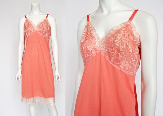 60's Artemis Full Slip with Lace Trim / Coral / S… - image 1