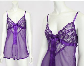 Vintage Cinema Etoile Sexy Sheer Purple Baby Doll Nightgown /  Empire Waist / Short Nightie / Small