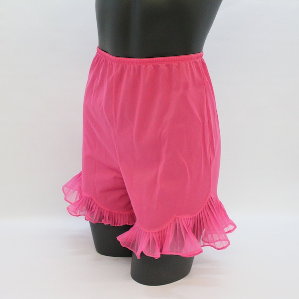 60's Hot Pink Nylon Pettipants with Sheer Pleated Leg Ruffle / Vanity Fair / Knickers / Size 5 Small