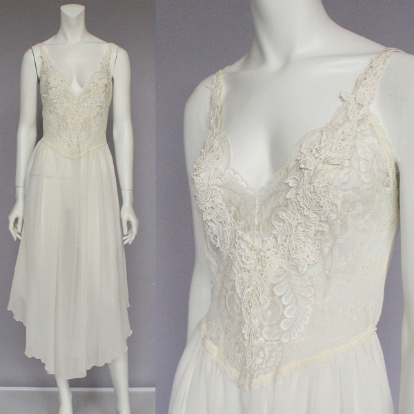Vintage Lace and Chiffon Nightgown / Verena / Ivory Semi Sheer / Uneven Hemline / Vintage Lingerie / Small