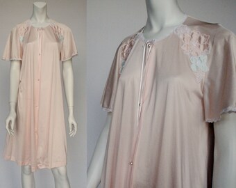 70's Pink Button Front Nylon Robe by Lorraine / Wide Flutter Sleeves / Pearl Buttons / Small