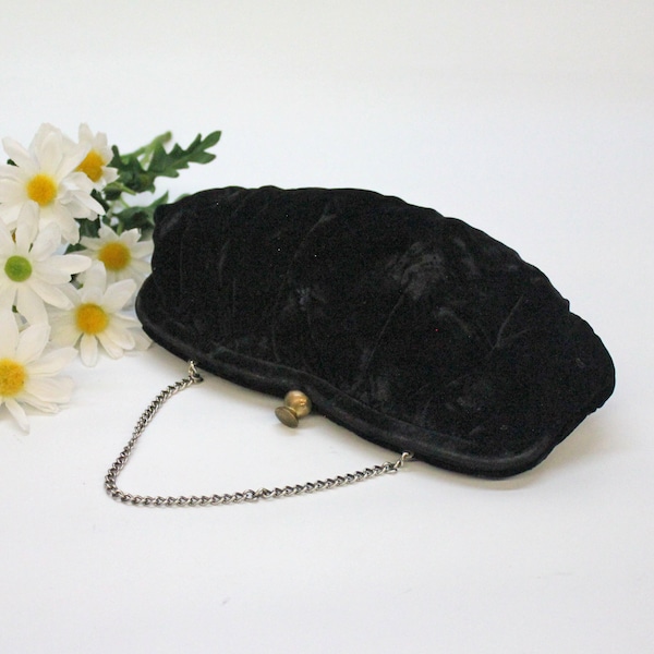 30's - 40's Black Velvet Evening Bag with Brass Clip / Small Vintage Clutch / Optional Chain