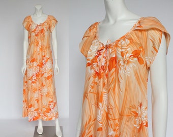 Orange Floral Hawaiian Mu Mu Dress by Hilo Hattie / Long Maxi Dress / Tulip Sleeves / Small