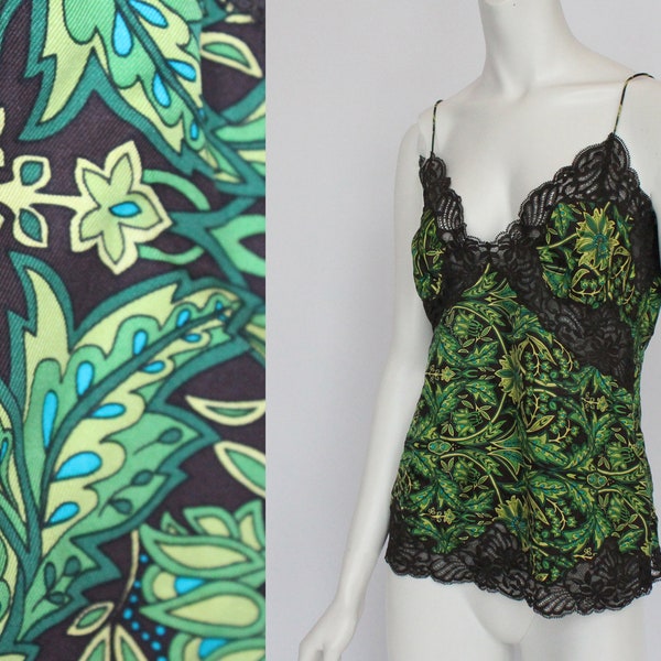 Vintage Green Floral Silk Cami Camisole / Banana Republic / Black Lace Trim / Medium