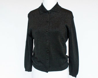 50's / 60's Black Cardigan / Sparkle Lurex Knit / Collar / Helen Harper / Small