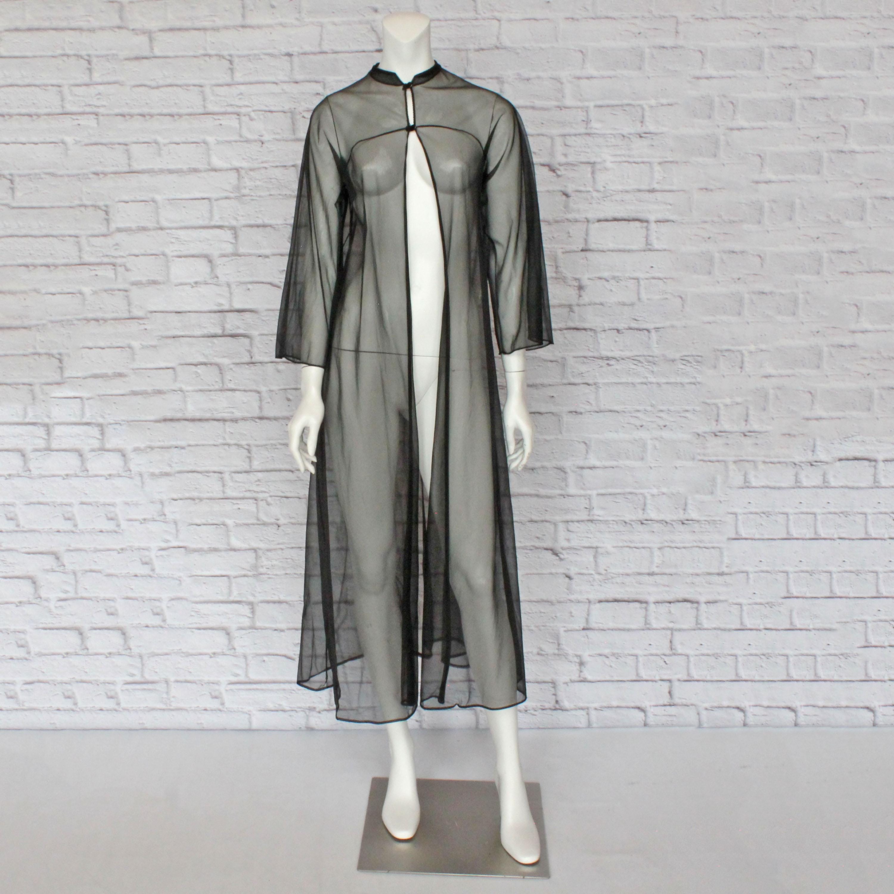 70s Long Sheer Black Chiffon Peignoir Robe With 3/4 Sleeves / Mistee ...