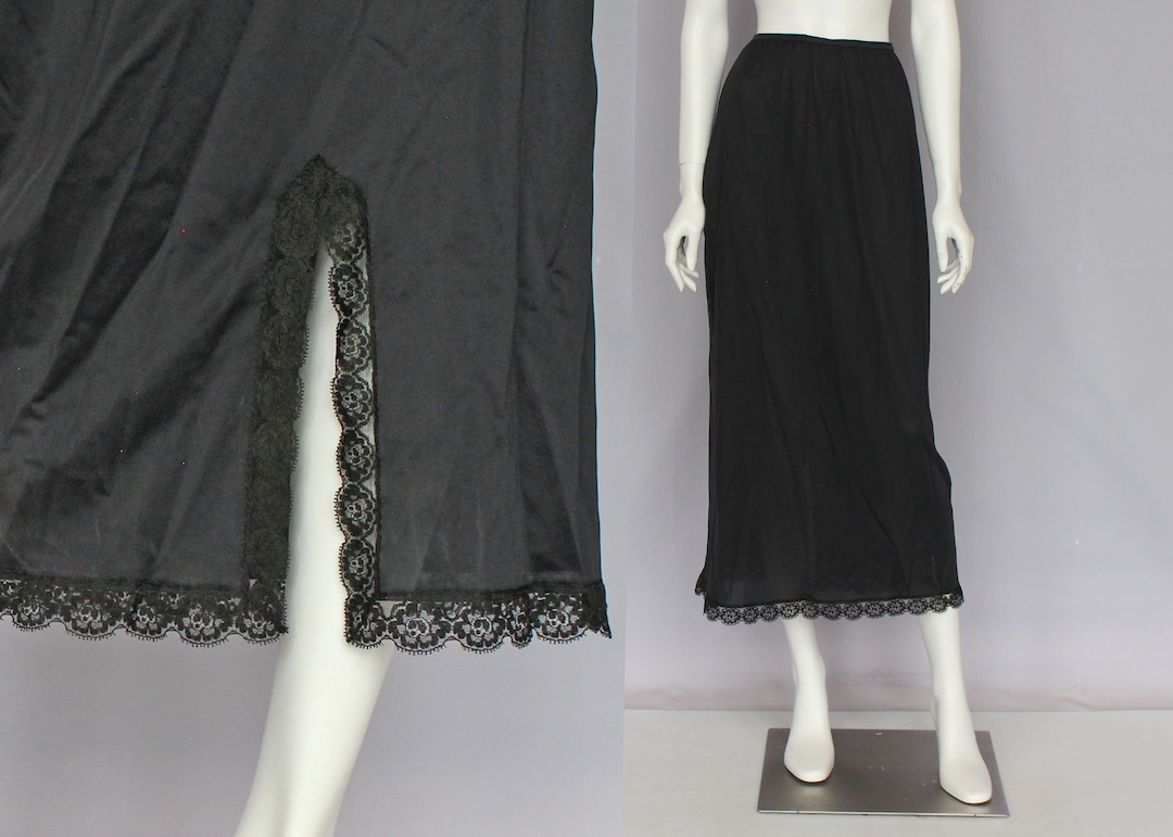 70's Lorraine Long Black Half Slip With Slit / Lace / Midi Length