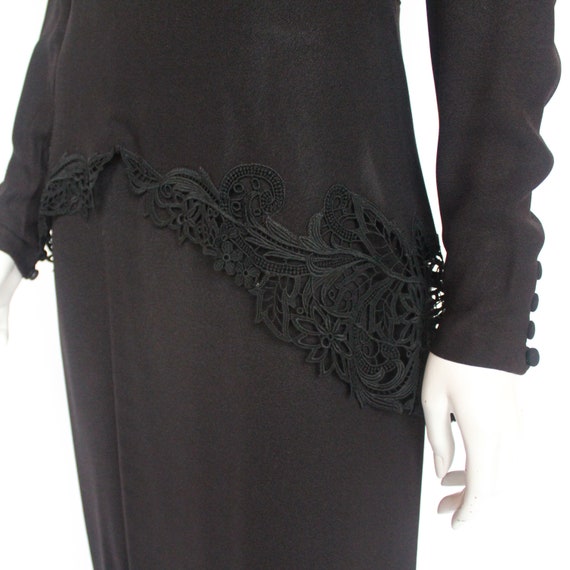 30's Black Peplum Midi Dress / Rayon Crepe / Lace… - image 8