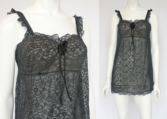 60s Olga Mini Black Lace Nightgown With Bra / Baby Doll Nightgown