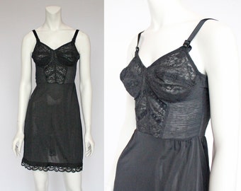 60s Kayser Black Bra Slip  / Size 34B / Stretch Bodice and Lace Cups / XSmall to Small
