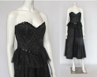 90's  Vintage Black Strapless Gown from Gunne Sax / Velvet and Satin / Full Skirt / Small