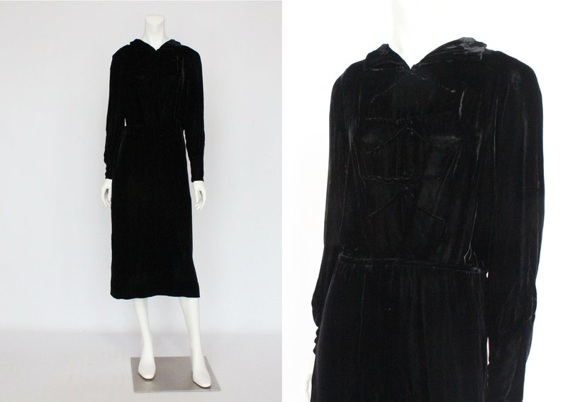 30's Black Velvet Dress / Midi Length Vintage Dress with Long Sleeves / Silk Velvet Dress / Small image 1