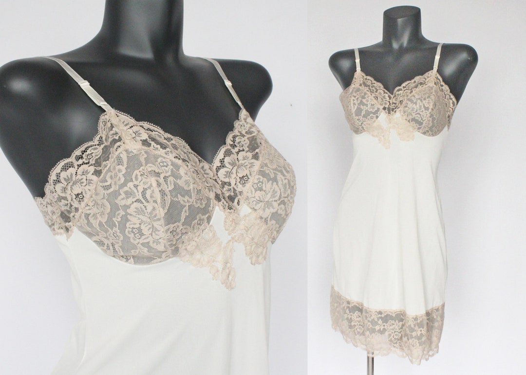 60's Beige Full Mini Slip With Tan Lace Bodice / Hollywood Vasarette ...