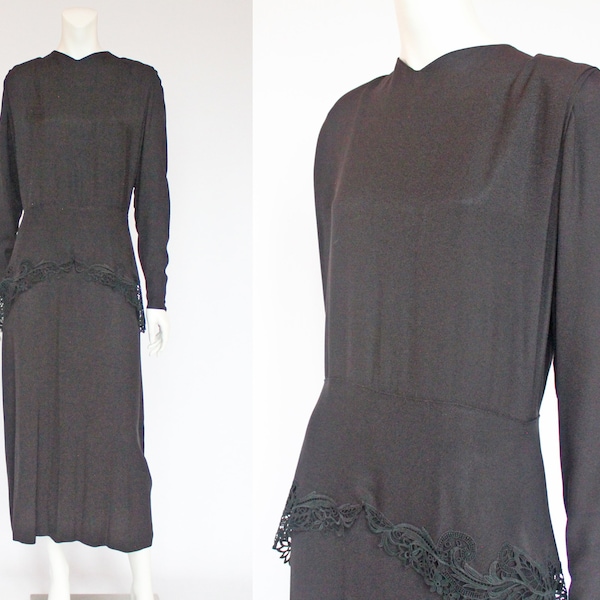 30's Downton Abbey Black Peplum Midi Dress / Rayon Crepe with Lace Trim / Medium