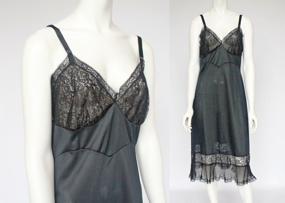 50's  Black Full Slip with Lace Trim and Crystal … - image 1