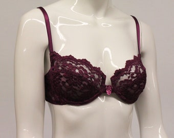 80's Victoria's Secret Underwire Lace Bra / Plum Purple Bra / Gold Label / Unpadded / 34C /  Vintage Lingerie