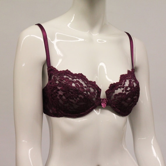 80's Victoria's Secret Underwire Lace Bra / Plum Purple Bra / Gold Label /  Unpadded / 34C / Vintage Lingerie 