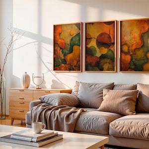 Juego de 3 impresiones de arte abstracto para pared, inspiración de los años 70 en tonos tierra, formas orgánicas modernas de mediados de siglo, descarga digital.