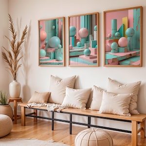Juego de 3 piezas de arte geométrico moderno de mediados de siglo, arte mural abstracto en tonos pastel, formas retro imprimibles, decoración vintage colorida, descarga instantánea