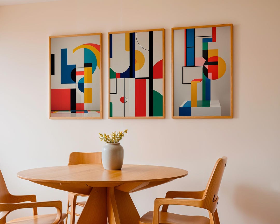 Bauhaus Geometric Wall Art Set of 3, Primary Color Abstract Prints ...