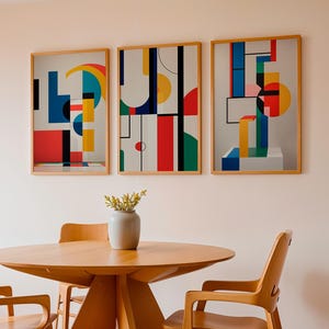 Juego de 3 piezas de arte mural geométrico Bauhaus, impresiones abstractas en colores primarios, decoración modernista, descarga digital imprimible en formato JPG.