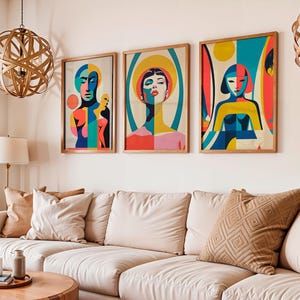 Juego de 3 impresiones de arte pop para pared, figuras humanas abstractas minimalistas de los años 60, colores brillantes, decoración retro, descarga digital instantánea.