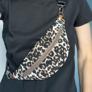 Leopard Print Denim Sling Bag - Crossbody Belt Bag for Women, Animal Print Fanny Pack, Chest Bag with Zipper, Banana Trendy Everyday Bag