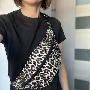Leopard Print Denim Sling Bag - Crossbody Belt Bag for Women, Animal Print Fanny Pack, Chest Bag with Zipper, Banana Trendy Everyday Bag
