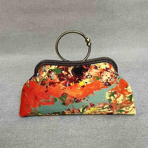 Bolsa grande laranja - bolsa com fecho de pressão, estrutura de metal, bolsa com alça superior, bolsa com estampa abstrata, clutch de tecido laranja queimado, bolsa de ombro