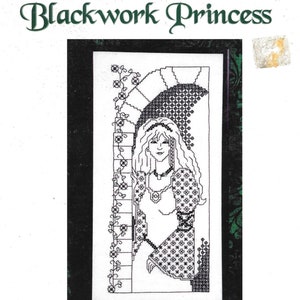 May include: Black and white cross stitch pattern featuring a princess with a floral crown and a blackwork umbrella. The pattern is titled "Blackwork Princess" and is an illustrated design by Jennifer L. Aikman-Smith.