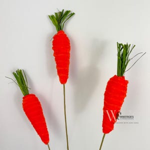 May include: Three orange felt carrots with green felt tops. The carrots are on brown stems.