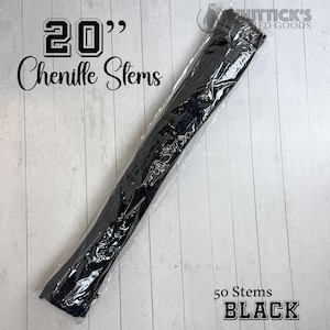 May include: A package of black chenille stems, each 20 inches long, with the text "20" Chenille Stems" in a decorative font. The package contains 50 stems and is labeled "BLACK".