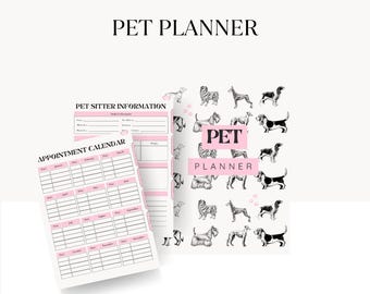 May include: A printable pet planner with a pink and black design. The cover features a pattern of various dog breeds. The planner includes sections for pet sitter information and an appointment calendar.