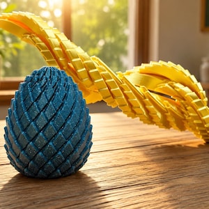May include: A blue, glittery, egg-shaped object with a textured, scale-like surface pattern, positioned next to a long, flexible, yellow, articulated, segmented structure that curves and twists across the frame in a wave-like formation.