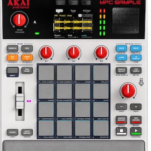 May include: An Akai Professional MPC Sample music production controller featuring a white chassis, a central grid of sixteen grey pads, three red rotary knobs, a digital display screen, and various blue, orange, and grey control buttons.