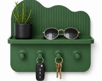Wave Shelf Key Holder with Hooks, Wall Mounted Entryway Organizer, 4 Peg Key Rack, Small Shelf Tray, 3D Printed Key Holder
