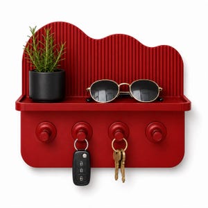 May include: A red wall-mounted organizer with a fluted back panel, a flat shelf, and four circular hooks. A small black pot with a green plant and a pair of black-rimmed sunglasses sit on the shelf. Two sets of keys hang from the hooks below.
