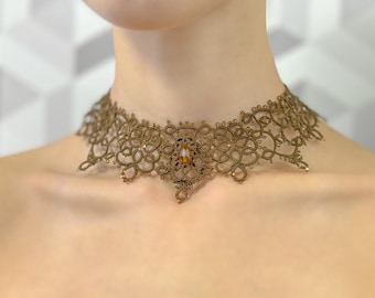 Handmade Tatting Lace Choker Necklace with Stone, Brown Beaded Jewelry