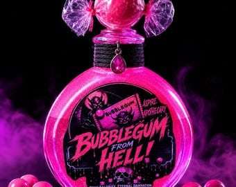 Botella de poción "Chicle del Infierno" / Decoración gótica reactiva a la luz negra / Objeto de colección de terror rosa / Botella de boticario hecha a mano / Regalo espeluznante