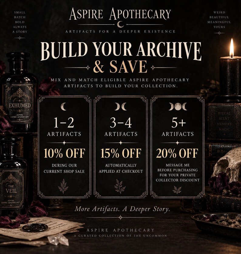 May include: A promotional graphic for Aspire Apothecary featuring three dark rectangular panels with moon phase icons. The text reads: Build Your Archive & Save, 1-2 artifacts 10% off, 3-4 artifacts 15% off, and 5+ artifacts 20% off. The background includes apothecary bottles.