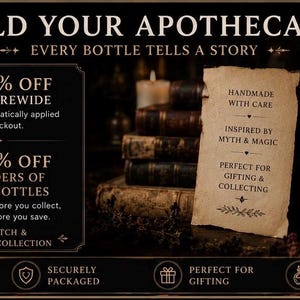 Puede incluir: Un gr&aacute;fico promocional negro titulado BUILD YOUR APOTHECARY EVERY BOTTLE TELLS A STORY. Presenta una pila de libros antiguos, una vela y un trozo de papel pergamino con el texto HANDMADE WITH CARE, INSPIRED BY MYTH & MAGIC.