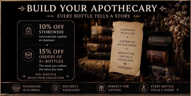 Puede incluir: Un gr&aacute;fico promocional negro titulado BUILD YOUR APOTHECARY EVERY BOTTLE TELLS A STORY. Presenta una pila de libros antiguos, una vela y un trozo de papel pergamino con el texto HANDMADE WITH CARE, INSPIRED BY MYTH & MAGIC.