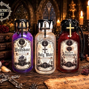 May include: A collector's set of three glass bottles with black wax-sealed corks and hanging cross charms. The bottles contain purple, clear, and red glitter liquids, each featuring vintage-style labels labeled Wolfsbane Elixir, Holy Water, and Hunter's Antiserum, with 8 fl oz 236 ml text printed on each label.