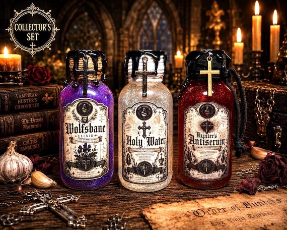 Handcrafted apothecary potion bottles styled as a vampire hunter's kit — the kind of dark, atmospheric shelf decor that looks like it escaped from a Victorian occult society.