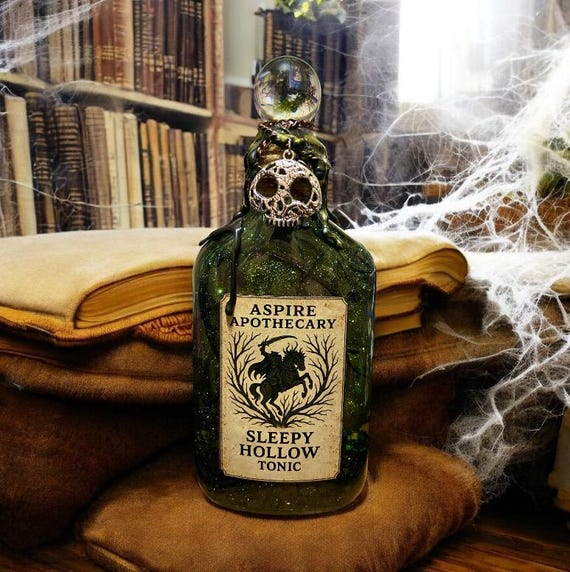 Sleepy Hollow Potion Bottle: Gothic Halloween Decor, Skull Charm, Apothecary Prop